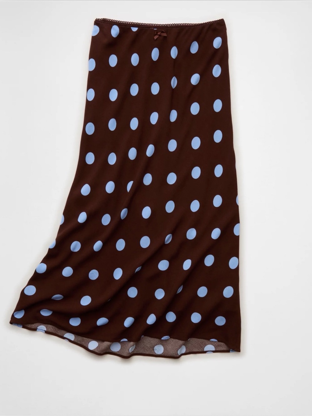 NWT American Eagle Outfitters Brown Midi Slip Skirt with Light Blue Polka Dots